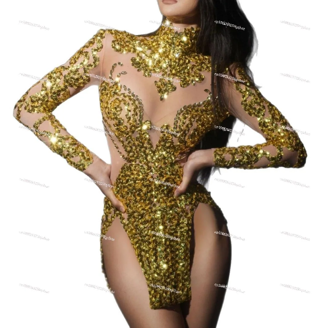 

Luxury Rhinestone Sequins Gold Silver Performance Dress Party Sexy Dress Event Dress