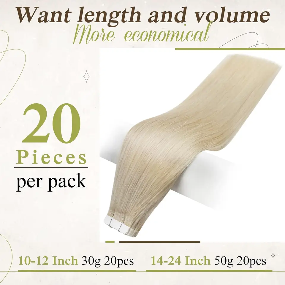 Extensiones de cabello con cinta adhesiva Full Shine, 100% Remy humano lacio, doble cara, rubio, cómodas y sedosas, para mujer 2
