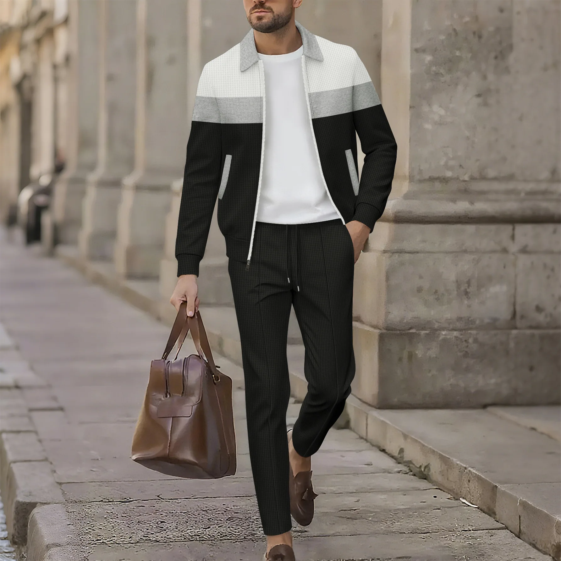 

Men's fashionable street outfit with lapel pocket zippers, casual color combination, shirt + solid-colored pants - 2-piece set