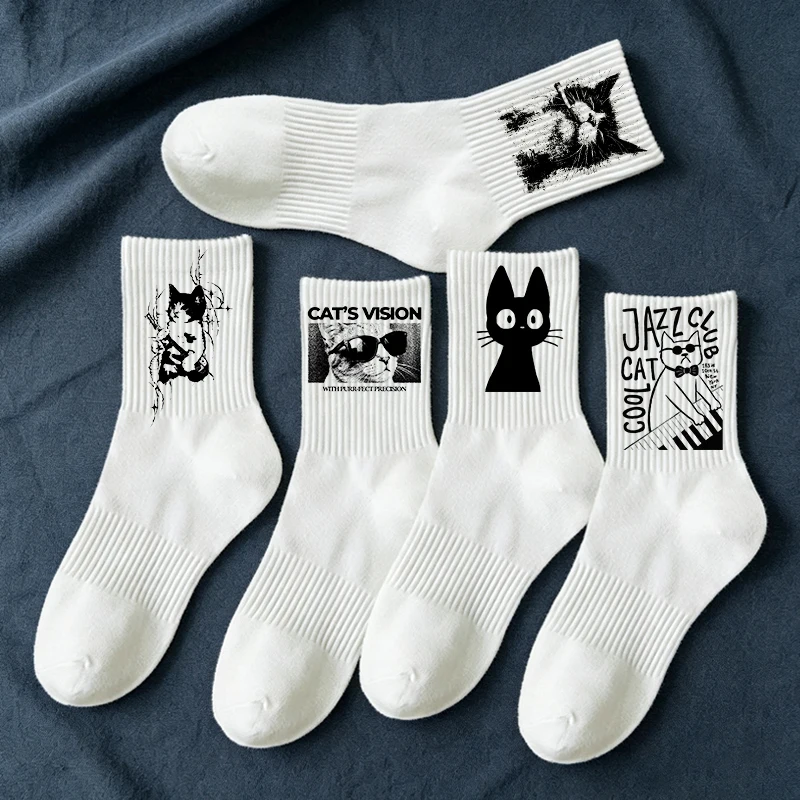 1pc/5Pairs 2026 New Men Cute Cat Dog Animal White Socks Men Soft Breathable Sports Long Socks for Male Socks Plus Size