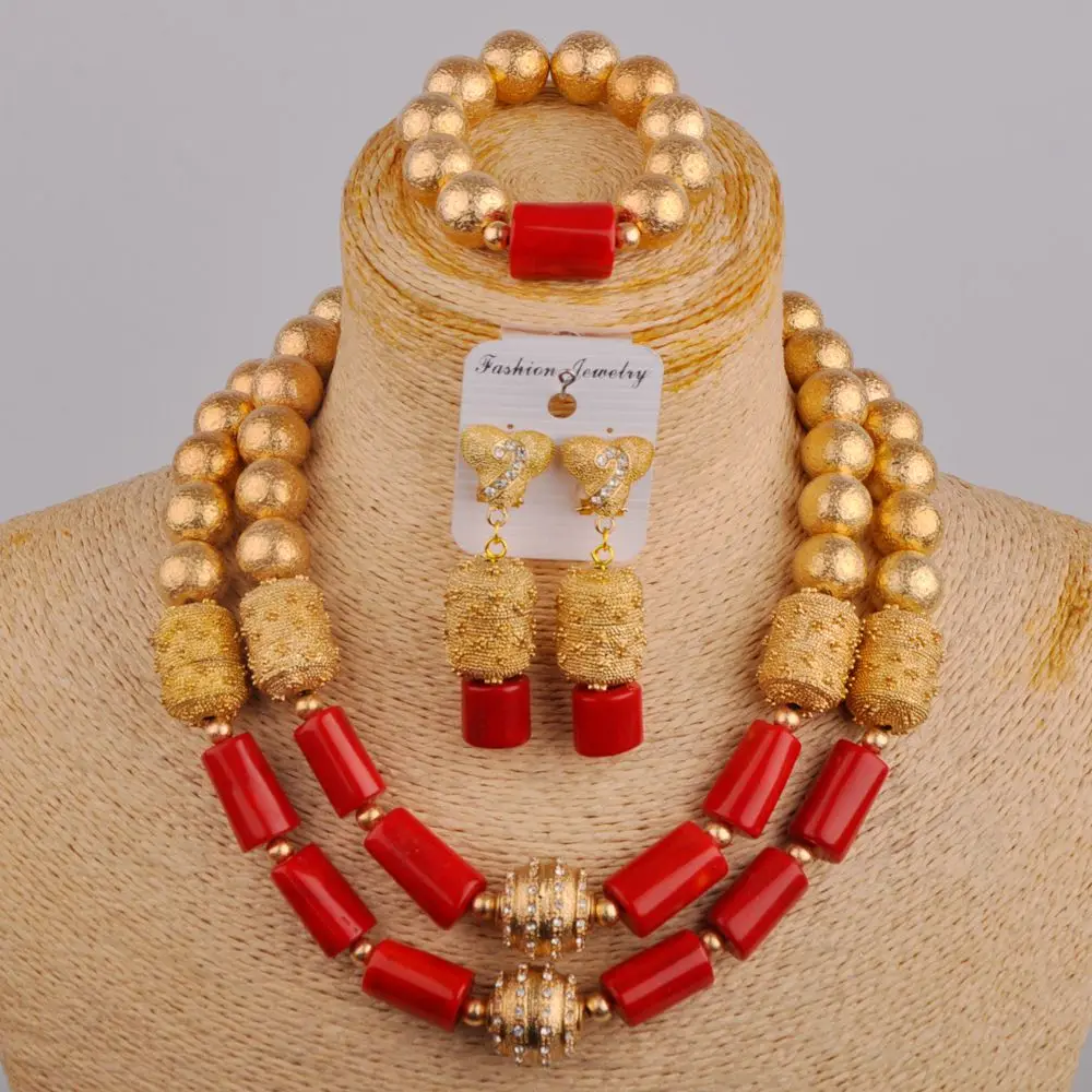 

African Bride Bridesmaid Wedding Jewelry Fashion Nigerian Wedding Birthday Banquet Red Natural Coral Necklace Set AU-733