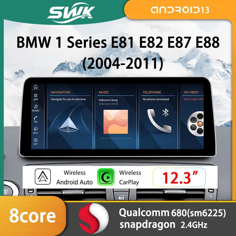 12,3-дюймовый CarPlay AUTO Qualcomm680 Snapdragon6225 ID6 ID7 ID8 для BMW 1 серии E81 E82 E87 E88 Автомобиль BT5.1 IPS Android 13 8 ГБ 256 ГБ