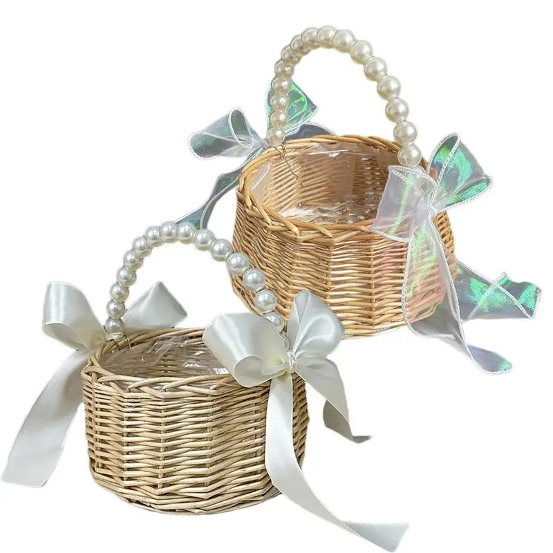 Wicker Rattan Flower Girl Basket, Artificial Silk Rose Petals Basket With Cute Pearl Handle Bowknot, Wicker Petals Basket