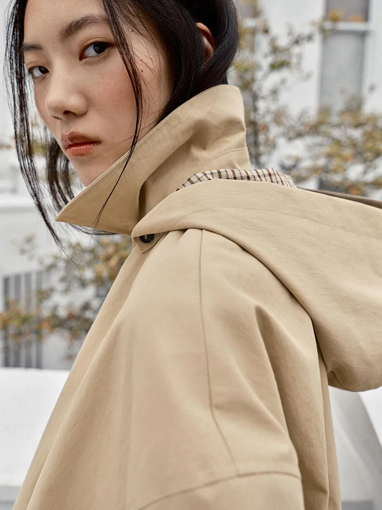 Casual Long Sleeve Collared Jacket Coat for Women Autumn New Arrival Removable Hood Standard Fit Short Outerwear