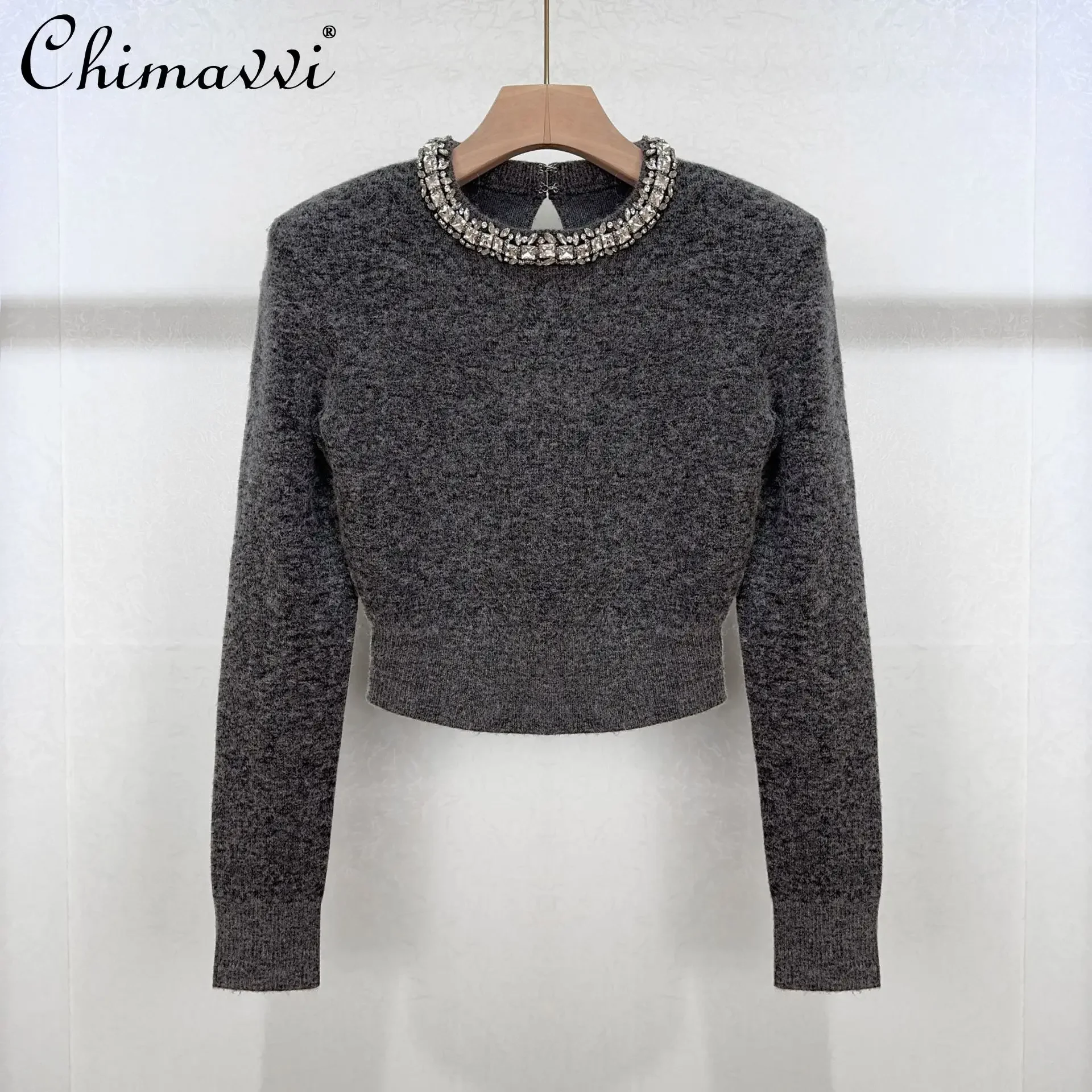 French Simple Elegant Heavy Industry Diamond Round Neck Long Sleeve Temperament Commuter Short Knitted Pullovers Sweaters Women