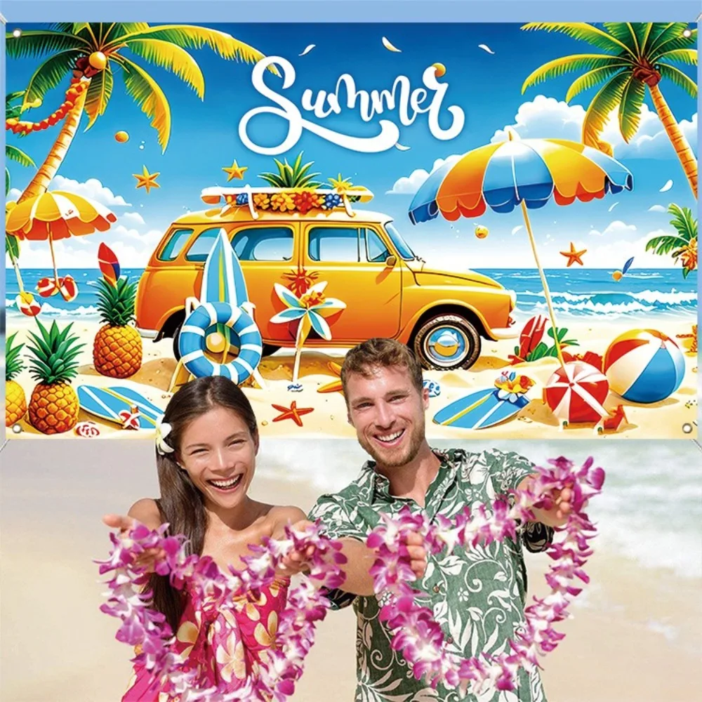 Tropical Theme Summer Beach Backdrop Colorful Print Portable Hawaiian Photography Background Flower Parasol Ball Design