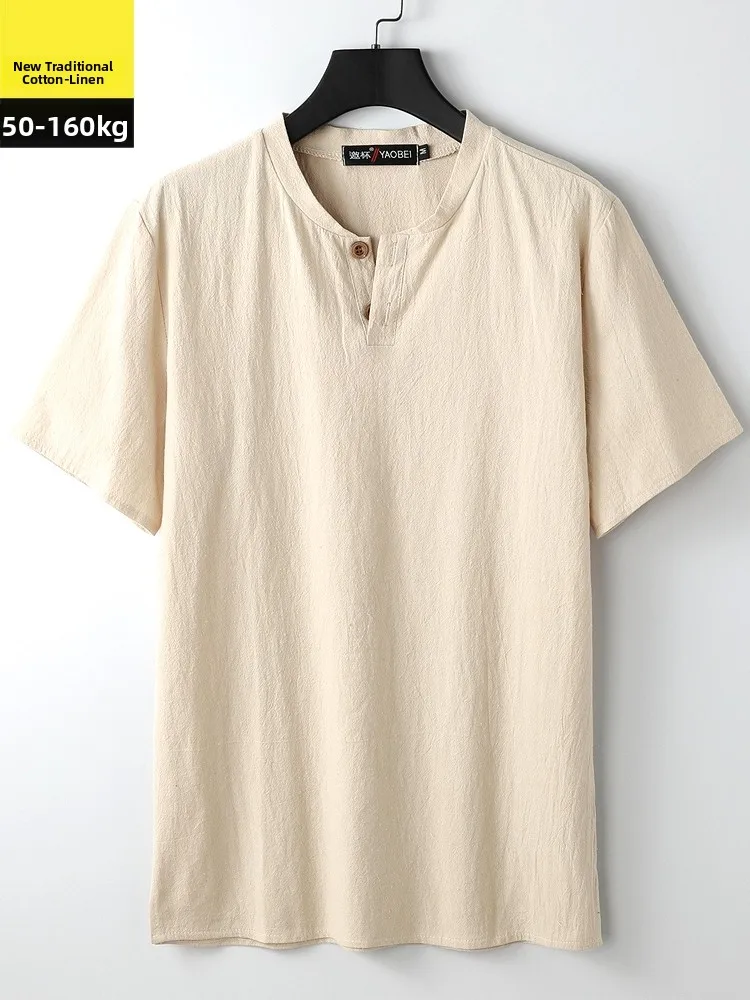 تي شيرت رجالي جديد بنمط صيني من القطن والكتان برقبة على شكل V وأكمام قصيرة، مقاسات كبيرة، مناسب لممارسة التاي تشي، أزياء شارع... #4