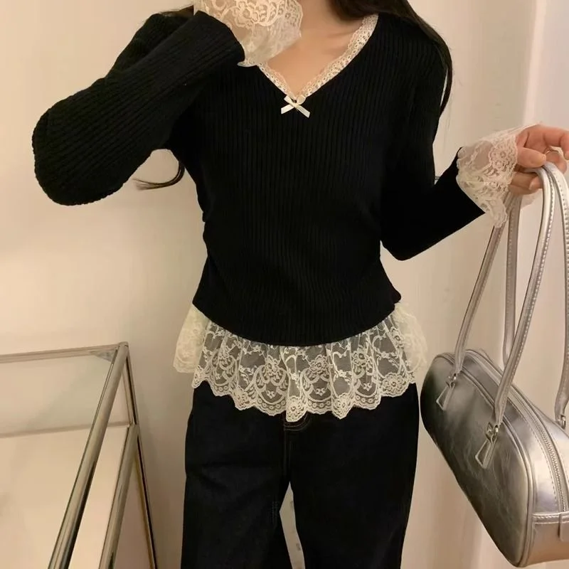 

Корейский кружевной утолщенный свитер с v-образным вырезом, женский осенне-зимний новый плиссированный облегающий свитер с внутренней базой
