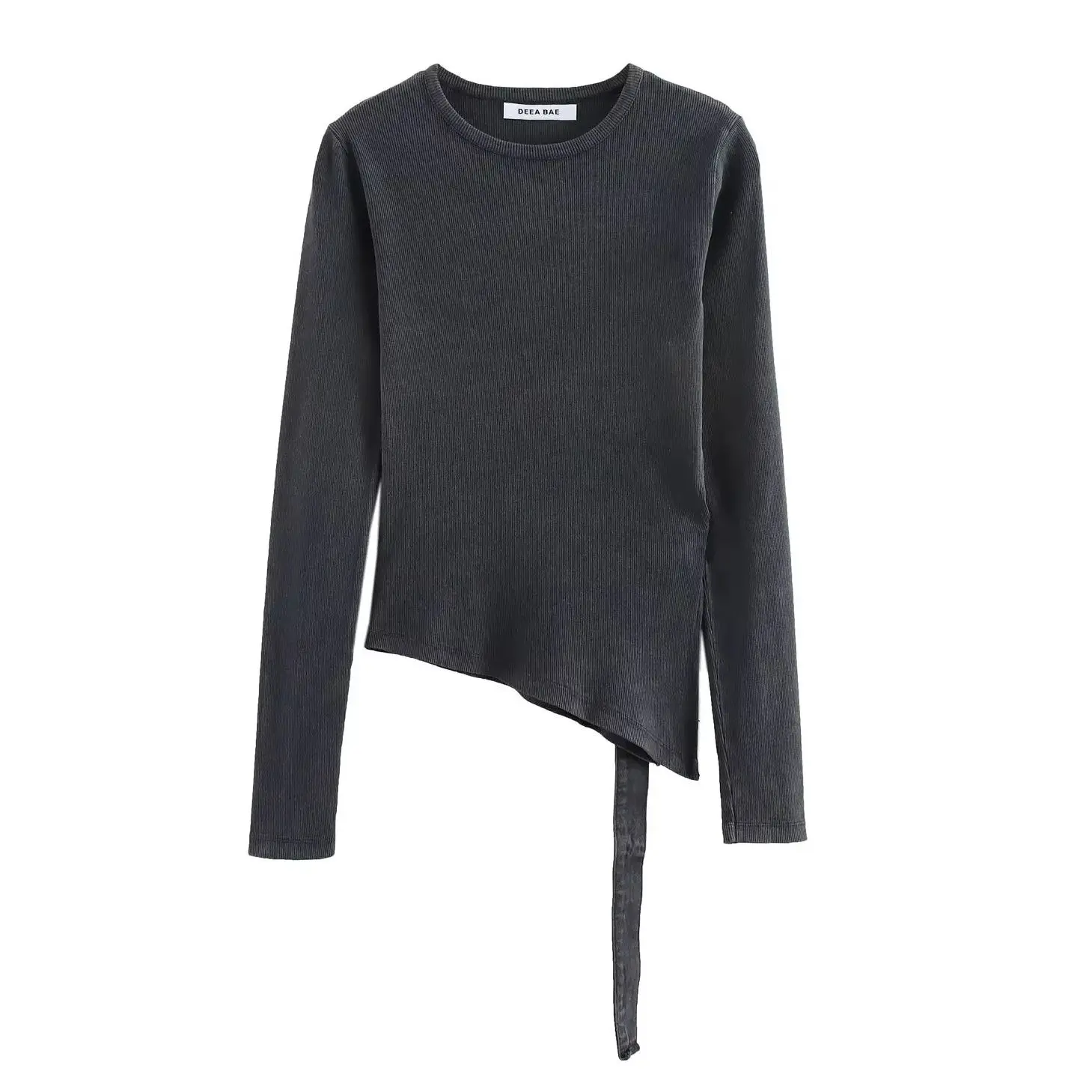 

KONDALA Chic High Street Asymmetric Sashes Sheath Women Top Fashion 2025 Summer Streetwear Long Sleeve O-Neck Casual Y2K T-shirt