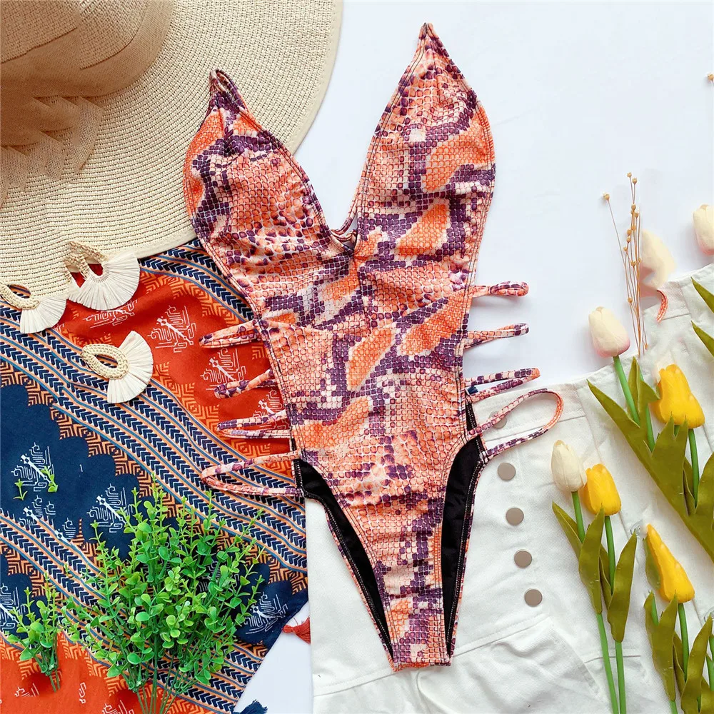 Sexy Snake Print Backless Swimwear One Piece Swimsuits Woman 2025 Hollow Cut Out Monokini String Bathing Swimming Suit Bather image 5