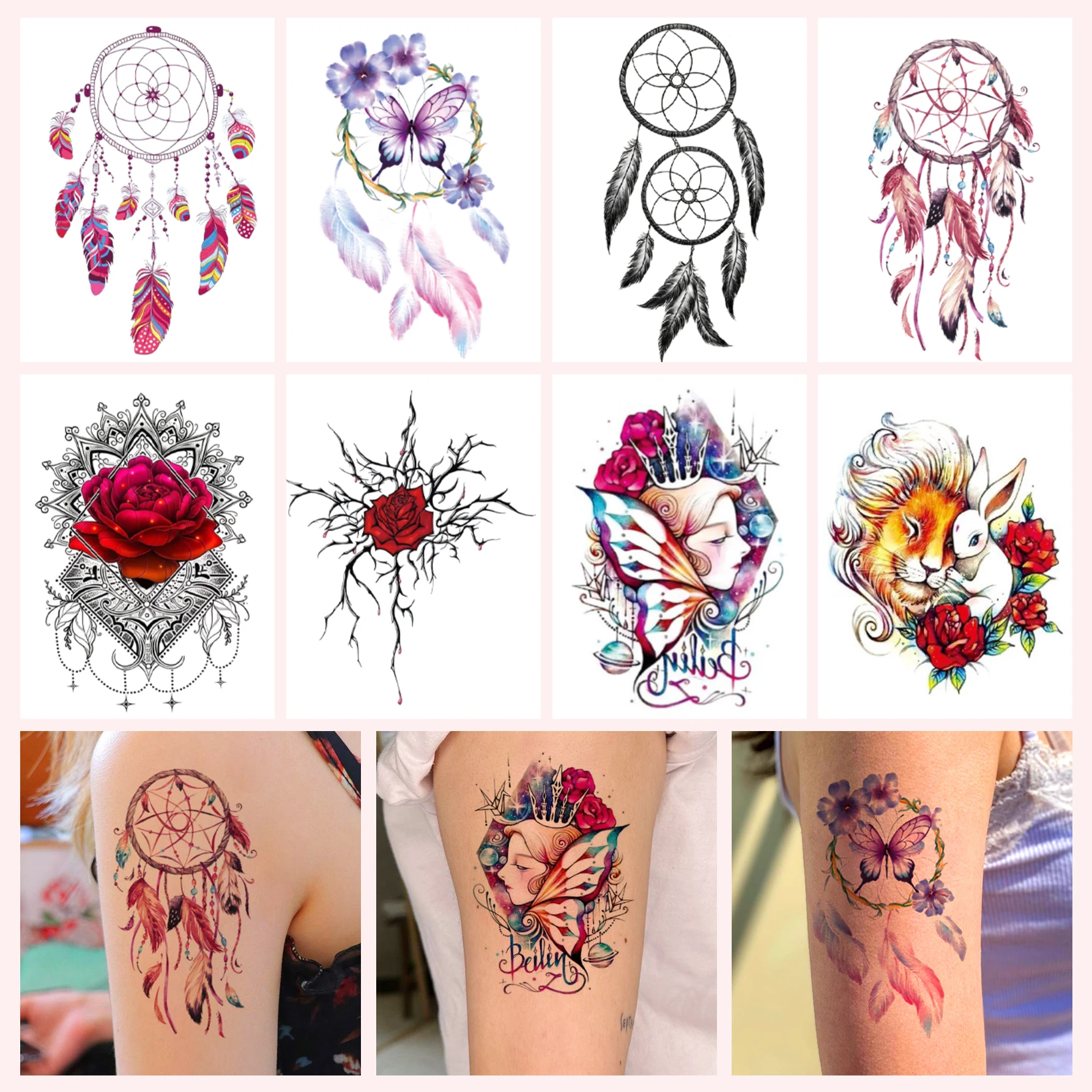 10pcs New Y2K Creative Dream Catcher Butterfly Pattern Sticker Color Cartoon Tattoo Sticker Semi Permanent Tattoo Sticker