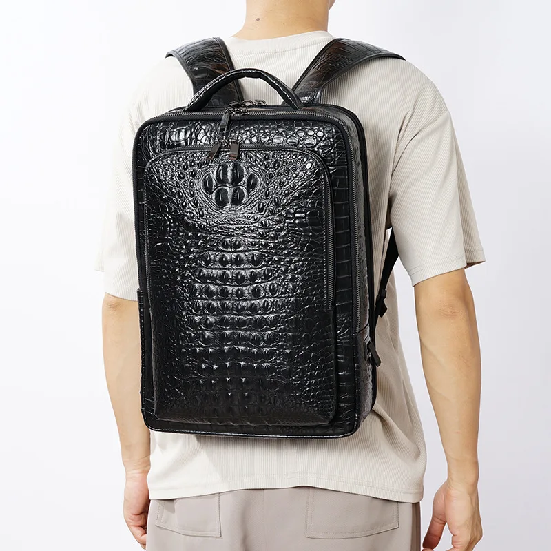 New Alligator Pattern Men Backpack First Layer Cowhide Men's Bag Genuine Leather Schoolbag Large 16 Inch Laptop Travel Backpack