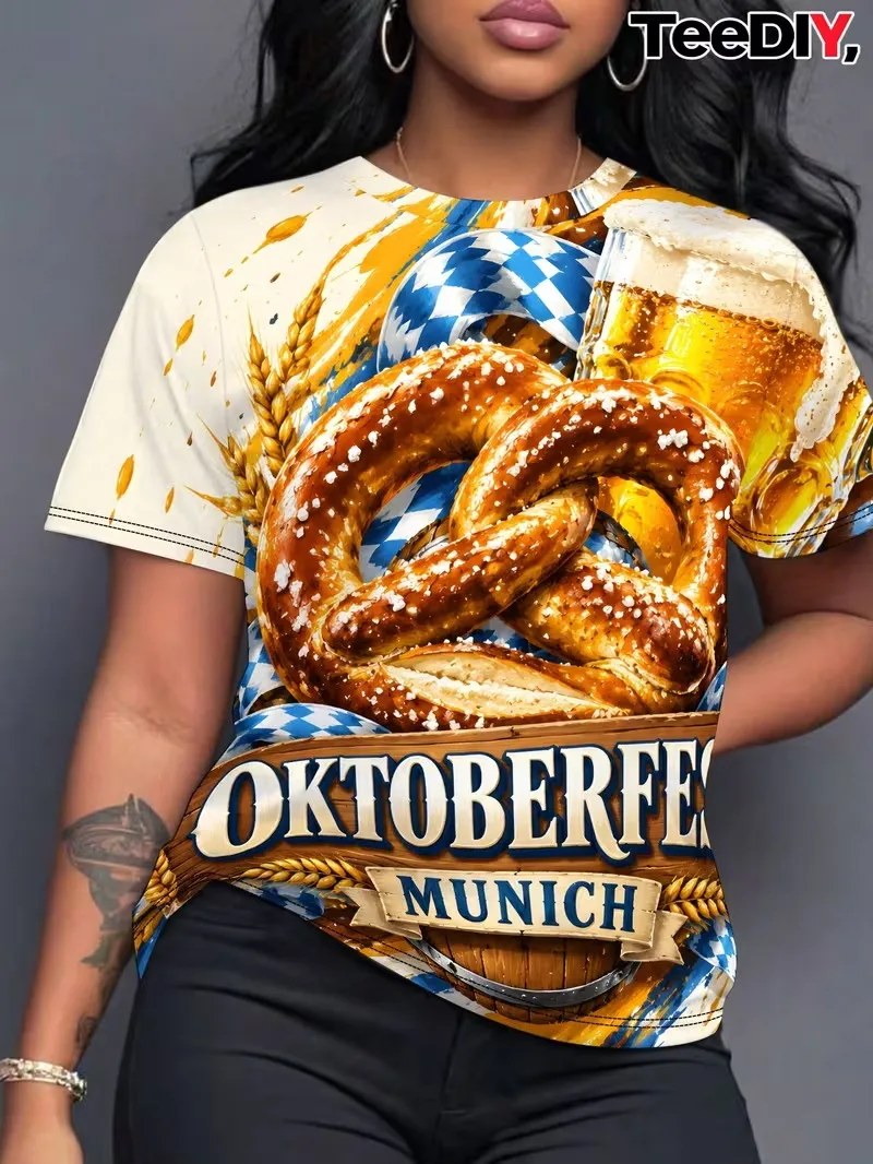Women Munich Oktoberfest 2026 T‑Shirt German Beer Festival Pretzel Beer Mug 3D All Over Print Short Sleeve Casual Party Tee Tops