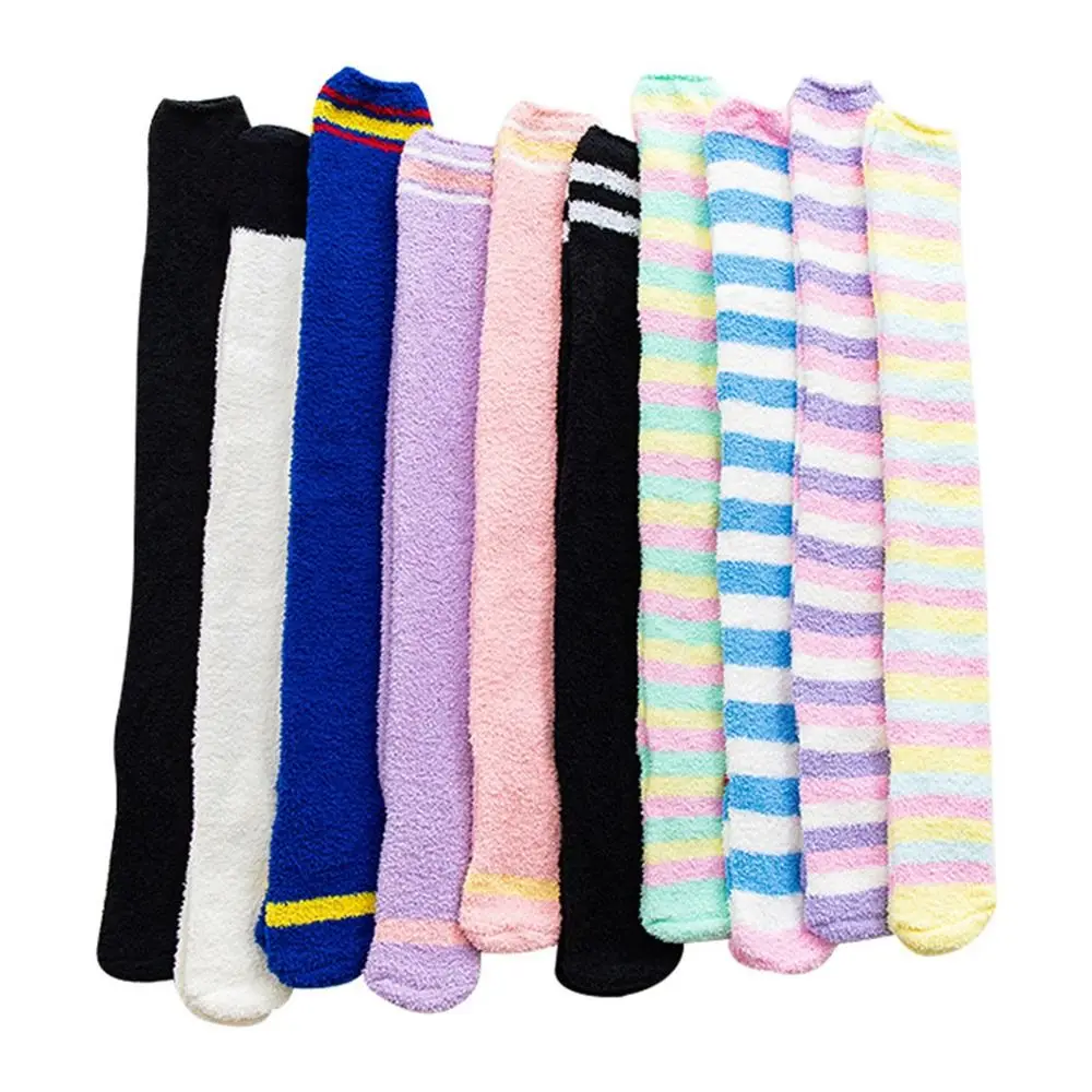 Soft Warm Striped Stockings Coral Velvet Comfortable Over Knee Socks Long Tube Cozy Lined Terry Socks Winter image 4