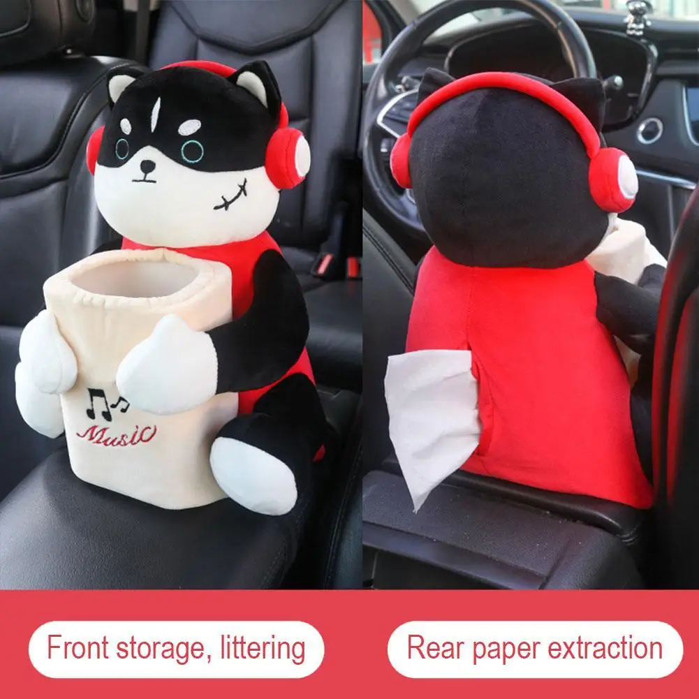 Car Mounted Tissue Box 2-in-1 Cartoon Plush Doll Auto Armrest Box Hanging Paper Drawer Storage Car Trash Can And Tissue Holder