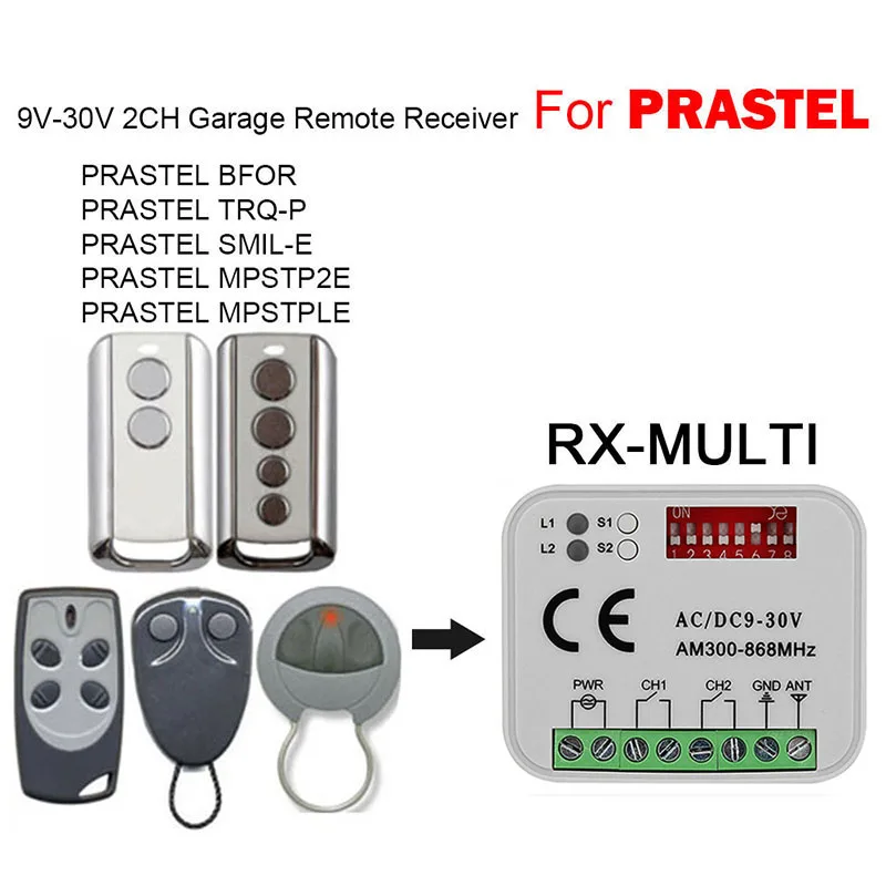 

9V30V 300MHz-868MHz RX-MULTI Receiver Controller For PRASTEL BFOR TRQ-P SMIL-E MPSTP2E MPSTPLE Garage Door Remote Control Opener