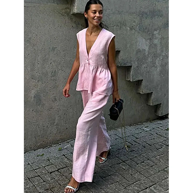 

Bonny Fashion Pink Cotton Sets Womens 2 Piece Elegant Deep V-Neck Single Button Shirts And Sinple Straight Trousers Female Sets