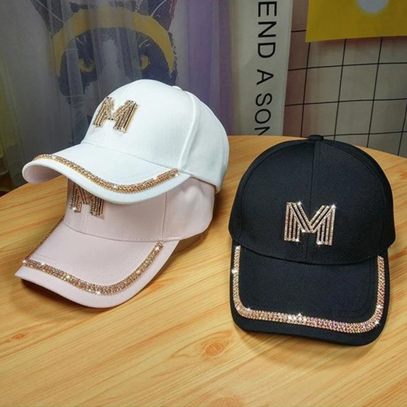 Women Baseball Caps Letter M&D Rhinestones Adjustable Casual Caps For Women Girls Outdoor Sports Motorcycle Street Style Sun Hat
