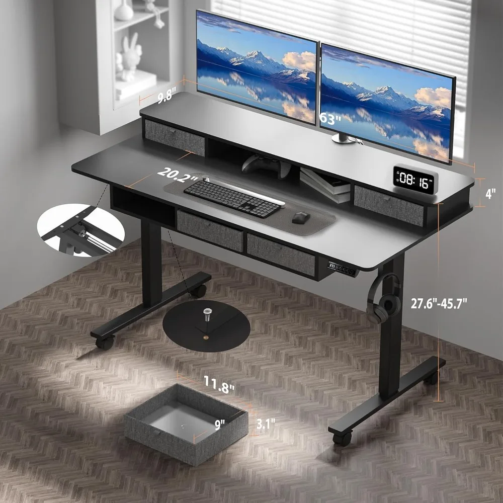 Electric Standing Desk with 5 Drawers, Height Adjustable Desk 63 x 30 Inches Stand Up Desk