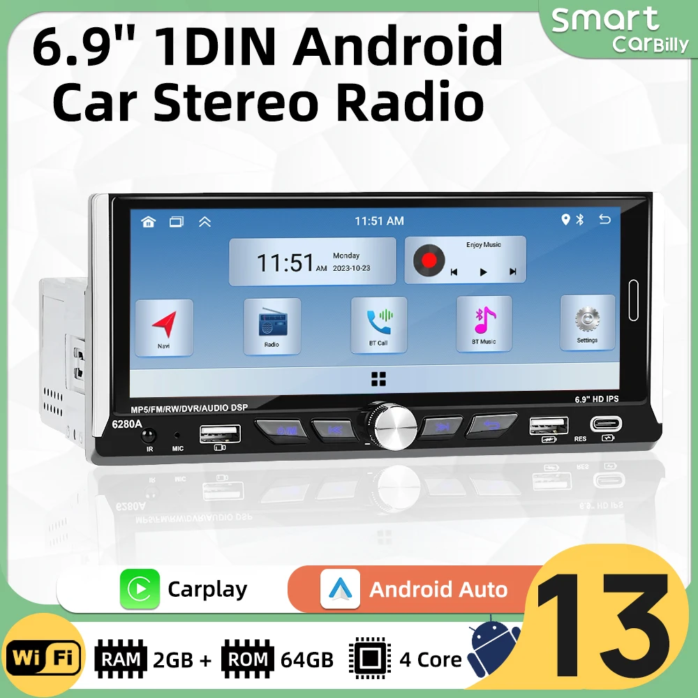 

6.9" Android Car Multimedia Player 1Din Radio Car Stereo Head Unit Wireless Carplay Autoradio GPS Navigation WIFI Android Auto