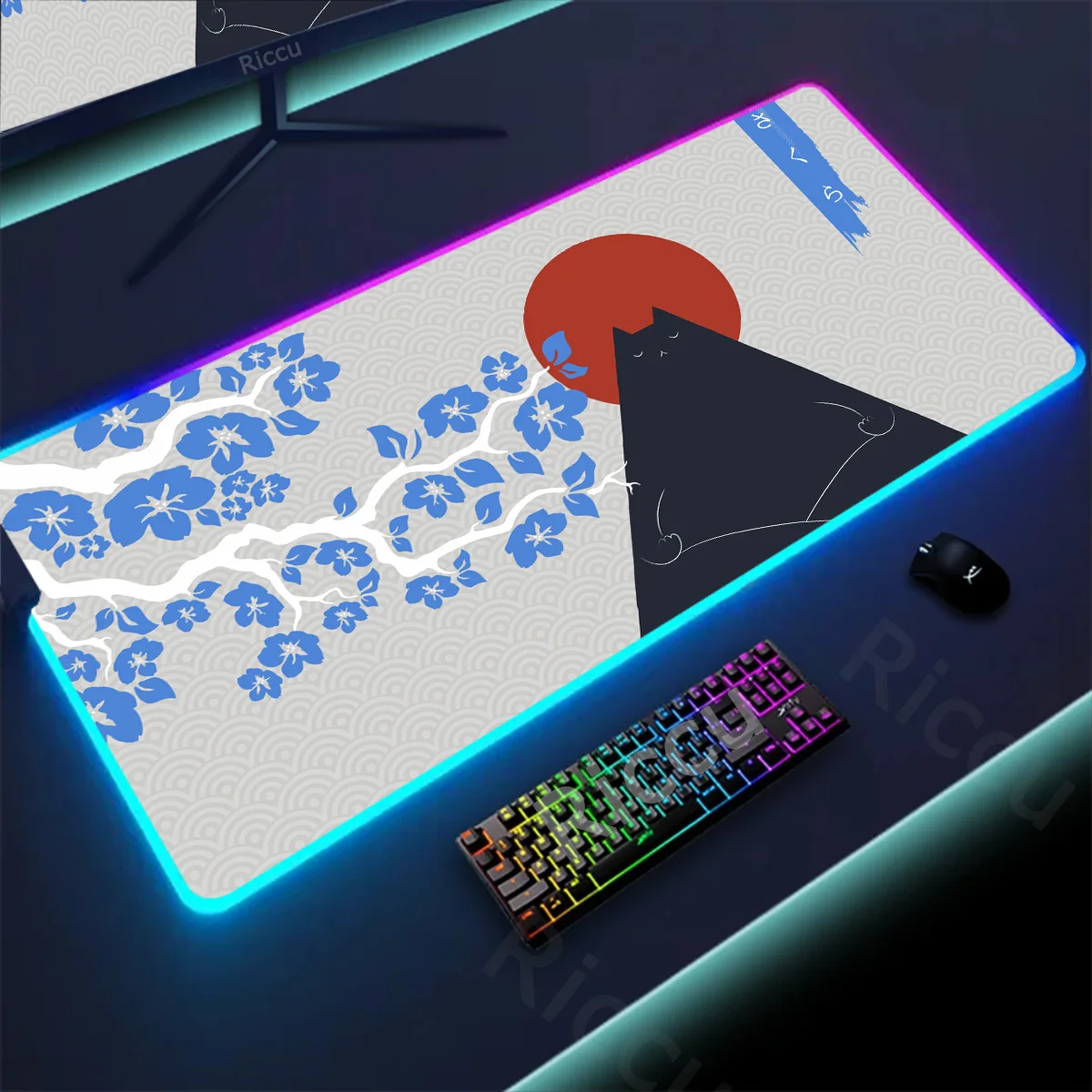 RGB Black & Pink Sakura Mouse Pad Gaming Mousepad LED Backlight KeyboardPad Antislip Rubber Deskmat XXL Luminous Cute Cat Carpet