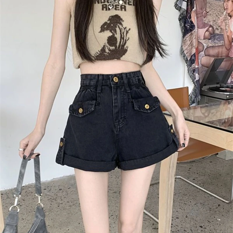 Retro Curly Edge High Waist Denim Shorts Women's Loose Wide-leg Pants Hot Girl A-line Straight