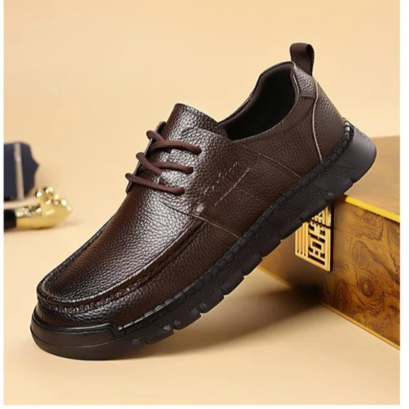 

New Men Genuine Leather Casual Shoes Concise Flat Skate Shoes Fashion Lace-up Loafers
