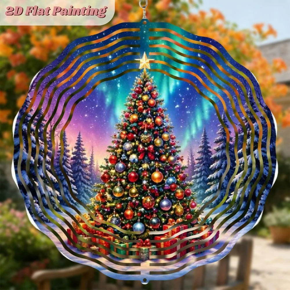 CIFBUY Christmas Tree Wind Spinner, 3D Metal Hanging Wind Spinner Outdoor Garden Yard Holiday Decor