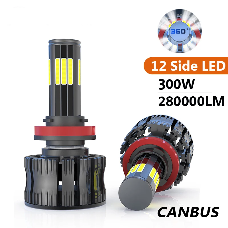 2PCS Led H7 3D 360 12 Side LED Canbus 280000LM 300W Car Headlights Bulbs H11 H4 H1 HB3 9005 HB4 9006 Auto Fog Lights Mini Lamp