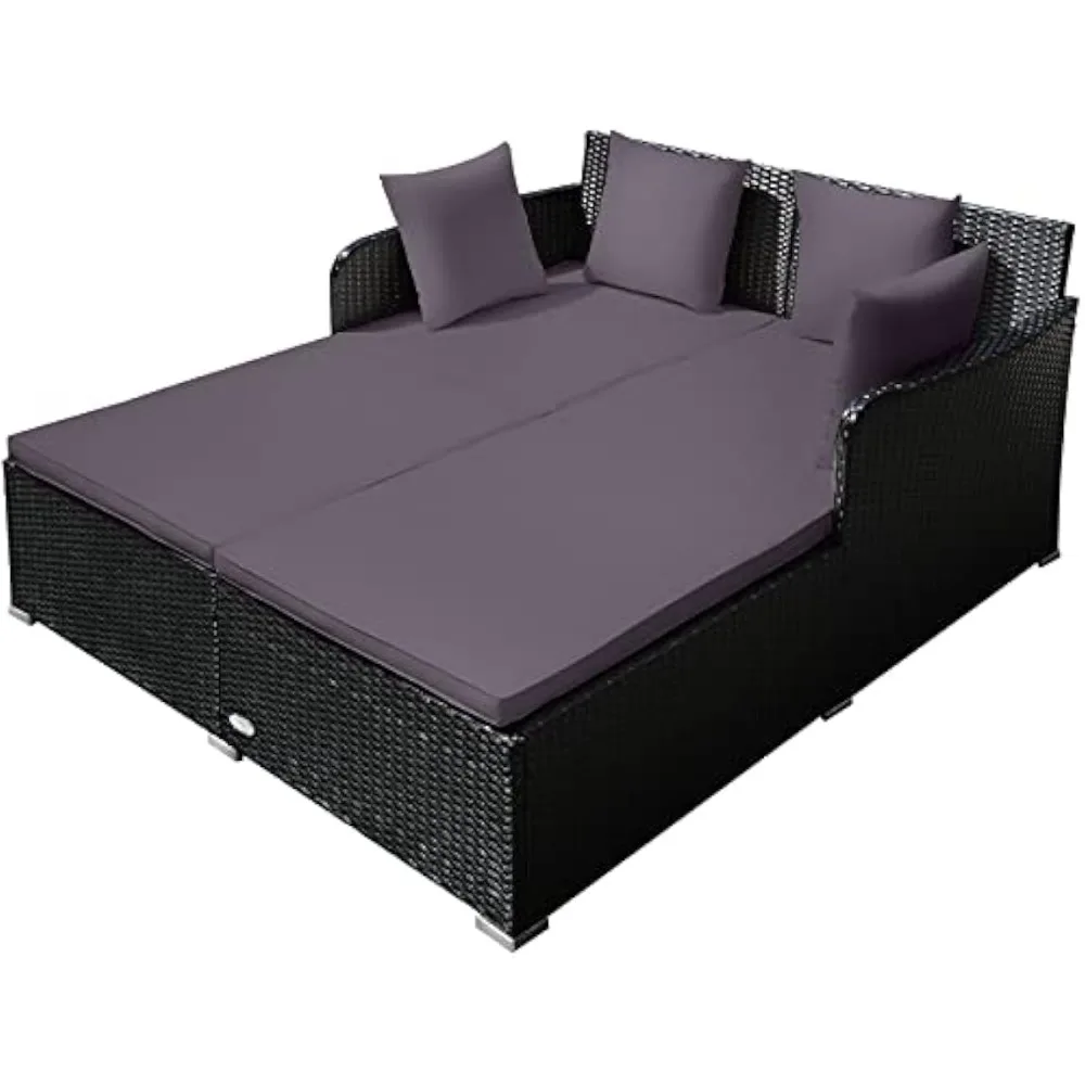 

Outdoor Rattan Daybed, Patio Loveseat Sofa Set w/Comfortable Cushions, Extra Pillows & Metal Foot, Sunbed Wicker Furniture