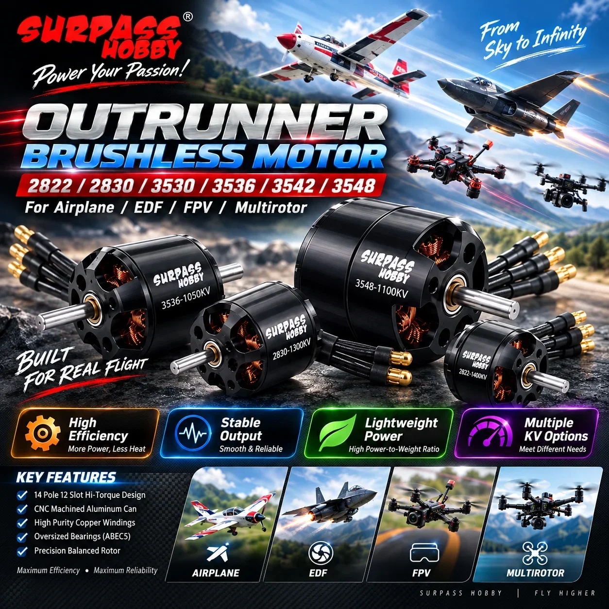 Surpass Hobby 3548 3542 3536 3530 2830 2822 Outrunner Brushless Motor for RC Fixed Wing FPV Racing Drone Multirotor Quadcopter