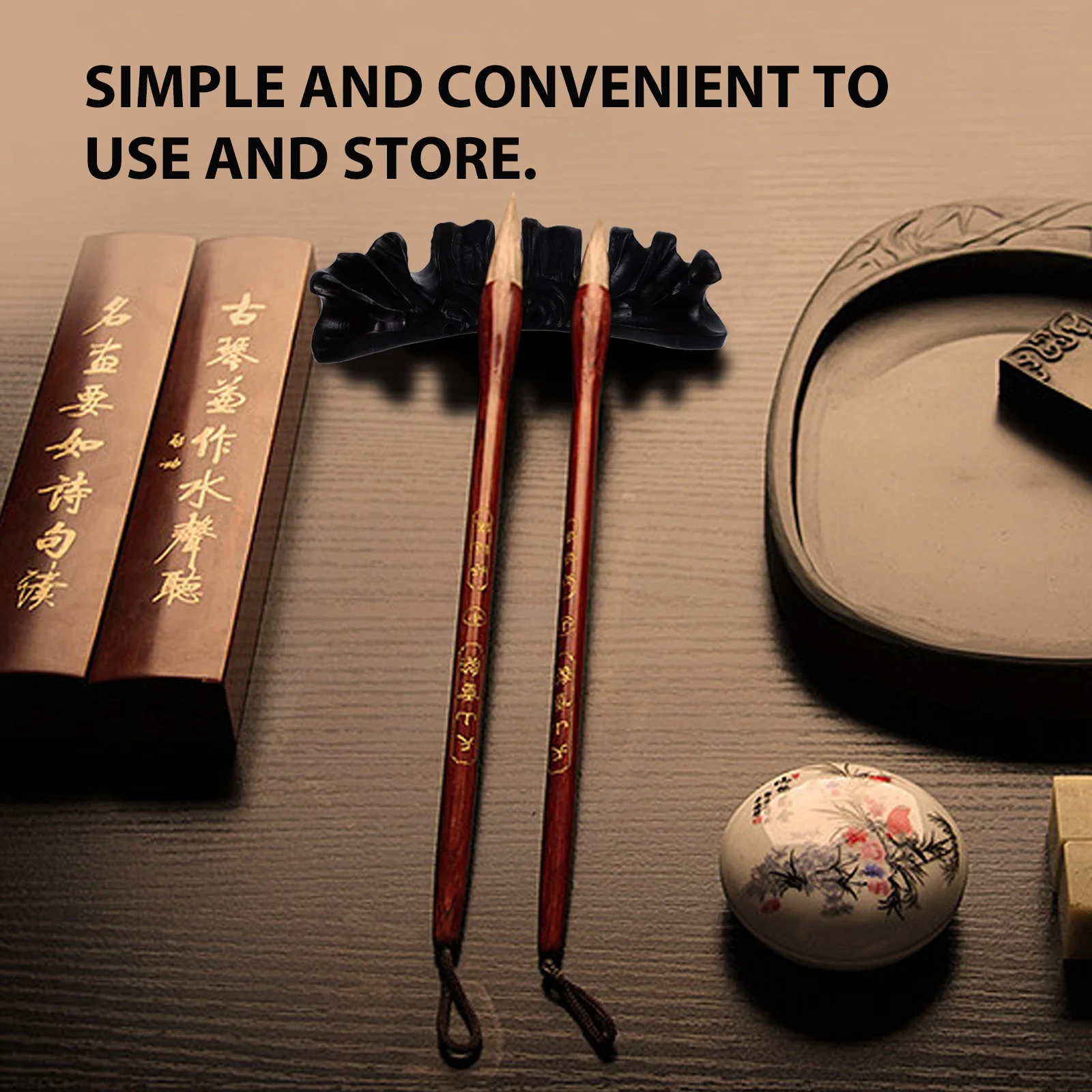 

1Pcs Ebony Pen Holder Unique Design Hand Polished Gloss Finish Pen Brush Shelf Writing Paperweight Paperweight