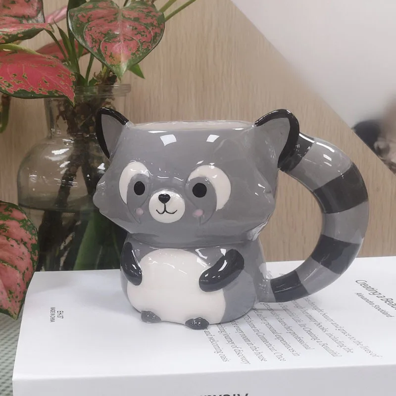 Creative cartoon hand-painted cute 3D little raccoon expression ceramic coffee mug breakfast cup gift for family and friends