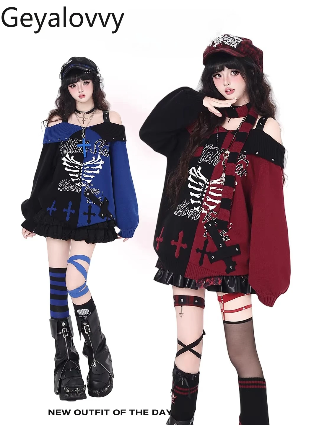 

Японский свитер в стиле Y2K готика с открытыми плечами для девочек, осенне-зимний универсальный пуловер с длинным рукавом и принтом для милых девушек