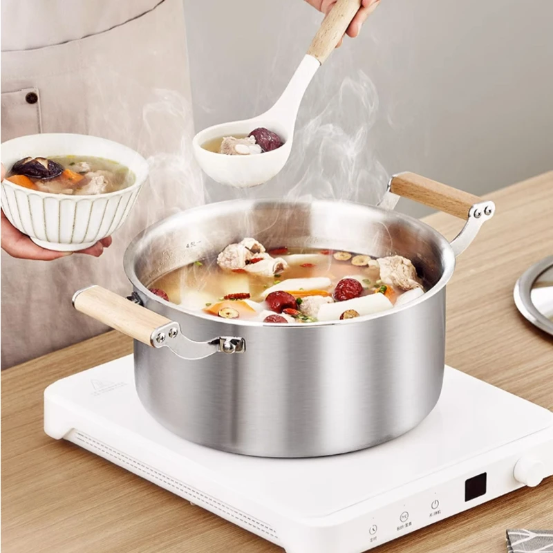 

Uncoated Stainless Steel Stockpot Thickened Household Steamer Porridge Pot Two-ear Stew Pot for Gas Cooker Induction Cooker