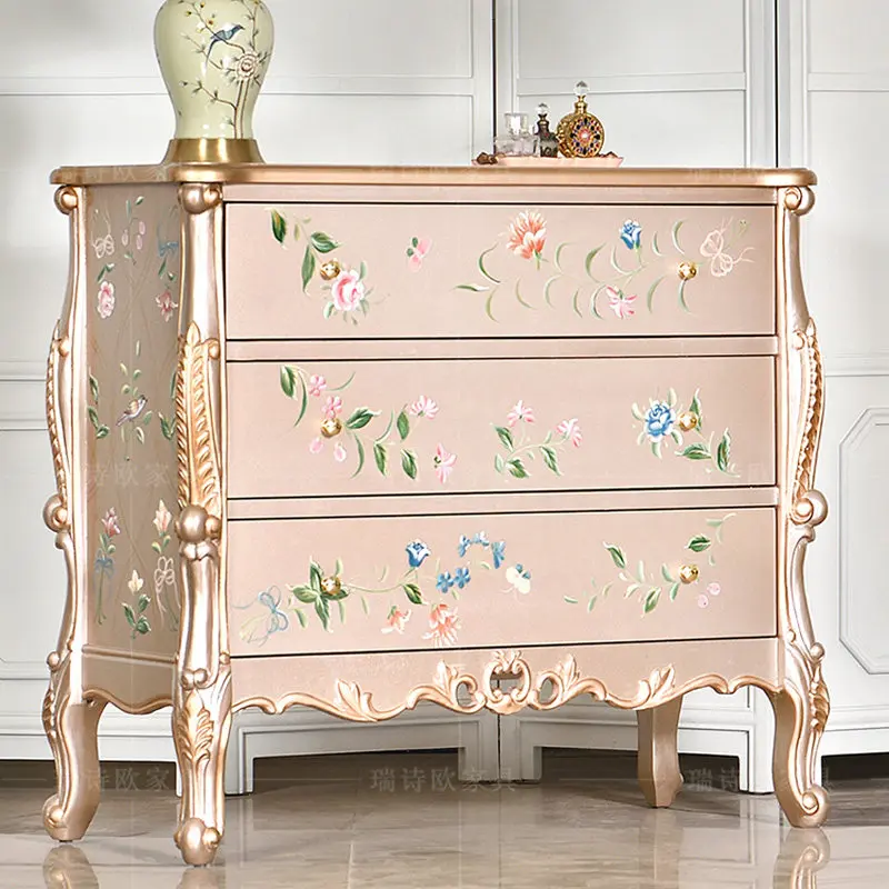 CX  American painted champagne three-bucket cabinet solid wood retro gold-painted bedroom storage storage cabinet