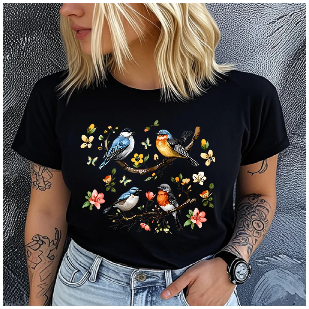 men Women's Cotton 100% Watercolor flowers birds Print T-shirt Loose round Neck Casual Short Sleeve Fashion Top  Clothing Summer