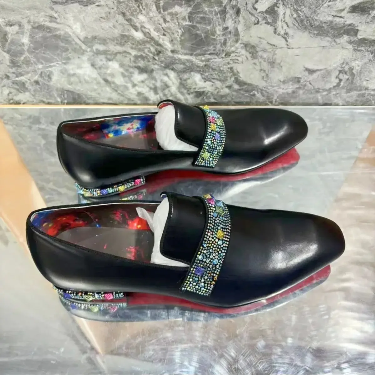 Red Sole Men's Loafers Casual Business Formal Leather Shoes Men Colorful Rhinestones Dress Natural Sale Footwear Pair With Suit