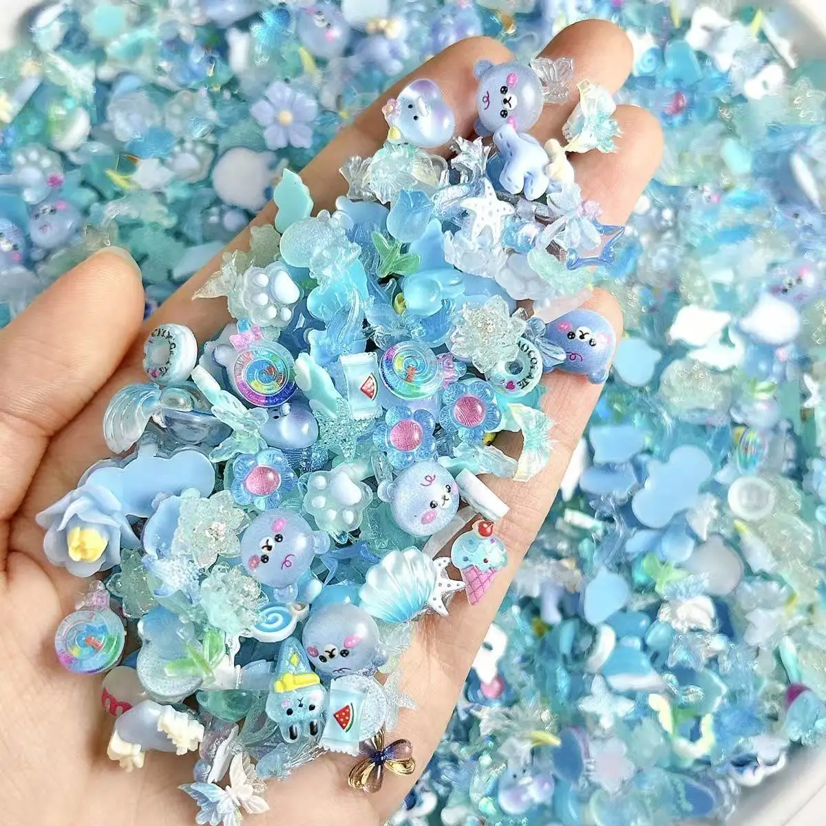 50PC Mix Aqua Blue Cartoon Manicure Cute Popular Accessories Bear Bow Cream Resin Diy Mini Material Ornaments Decoration Gift