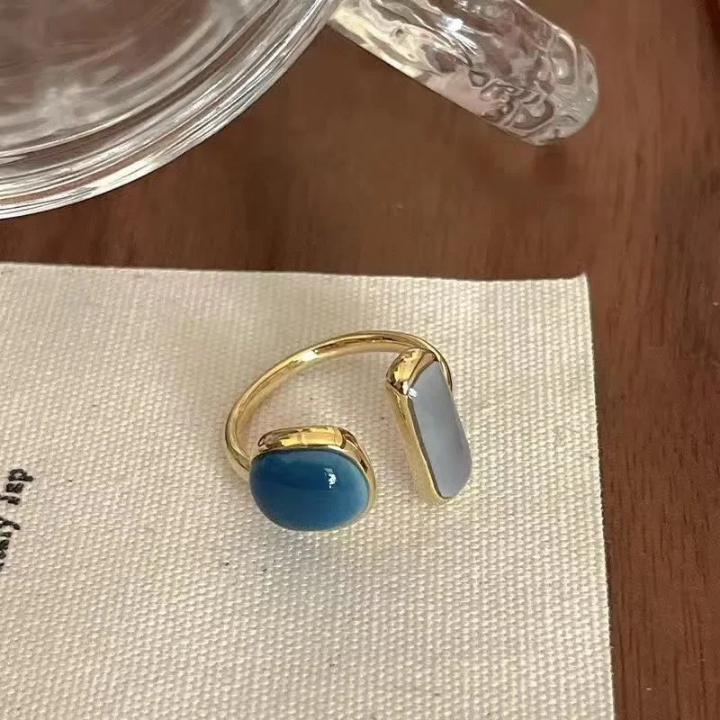 2025 Fashion French New Retro Square Blue Oil Dripping Ring Temperament Simple Opening Ring Women's Jewelry