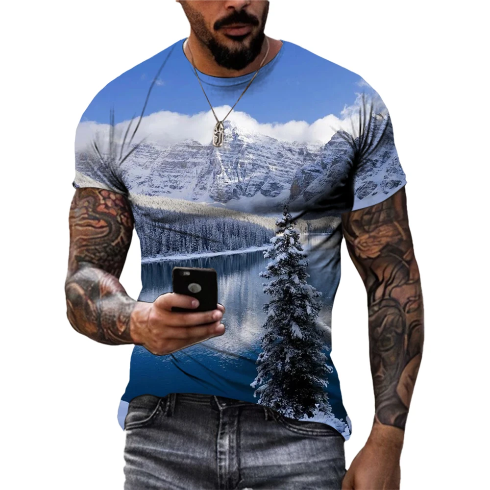 Fashion Men's Alpine Water Print T-Shirt Cool Trend Hip-Hop Round Neck Tops Summer New Street Personality Short Sleeved Clothing