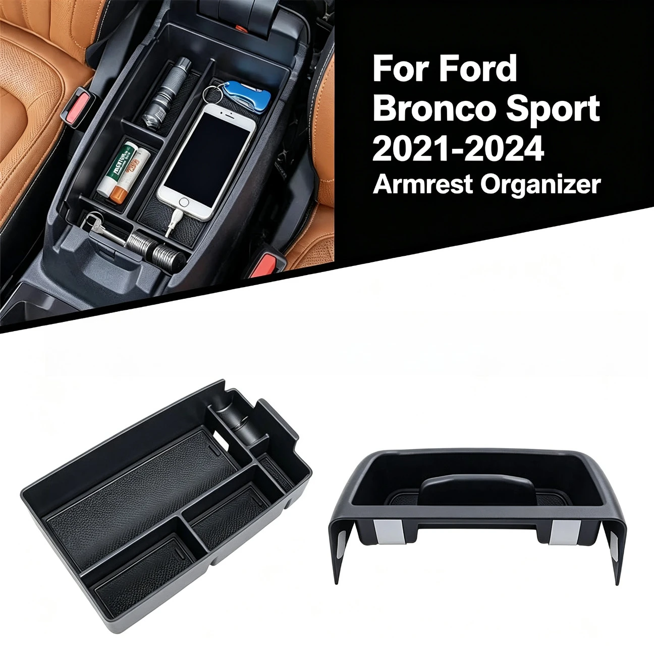2PCS Set Dash Tray Insert Phone Holder for 2021 2022 2023 2024 Ford Bronco Sport Accessories Armrest Storage Console Organizer