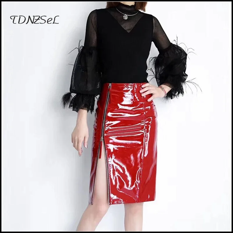 Women's High Waist Latex Faux Leather Skirts Zipper Split Office Lady Red Black Midi Pencil Skirt Party Shiny PU Skirts Custom