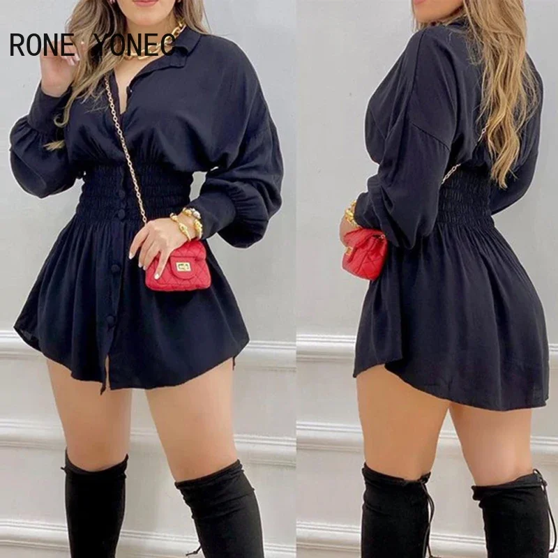 Women Casual Solid&Letter waistband Letter Print Shirred Lantern Sleeve Buttoned Shirt Dress