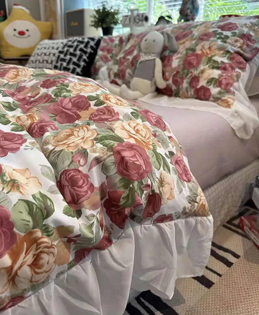 

Vintage fairyfair red flower bedding set,twin full queen king retro rustic cotton home textile bed sheet pillow case duvet cover