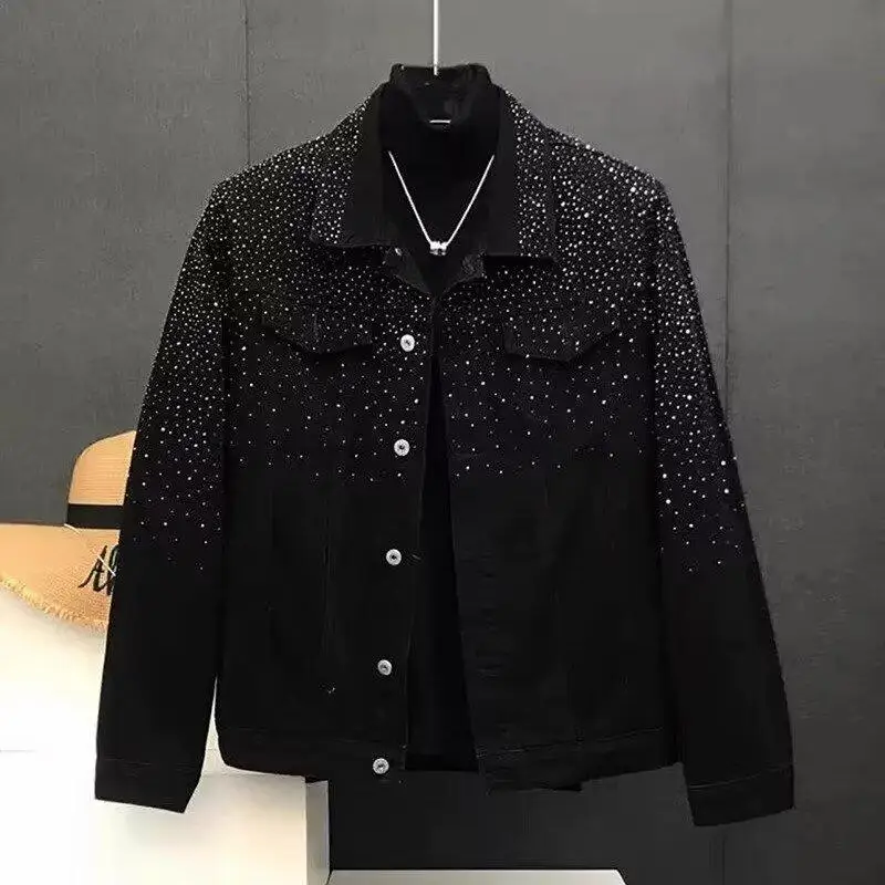 Fall Men's Denim Jacket Casual High-End Sensation Starry  Rhinestone Light Luxury Hairstylist Trendy Brand Casual Top