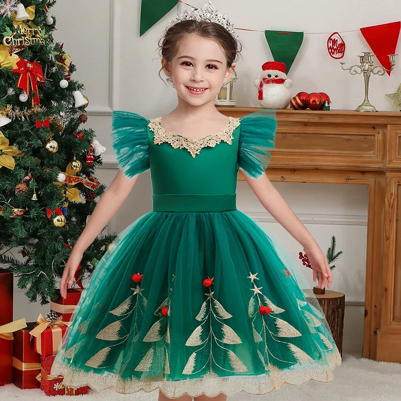 

Kids Clothes Christmas Costume Fashion Lace Girls Party Dresses Embroidery Green Dress Girl Princess Dress Birthday Gifts