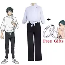 Conjunto de cosplay de anime, top blanco con cuello alto, pantalones negros holgados, anillos de pareja gratis, disfraz de Halloween para fiesta de cosplay, juego de rol para hombres