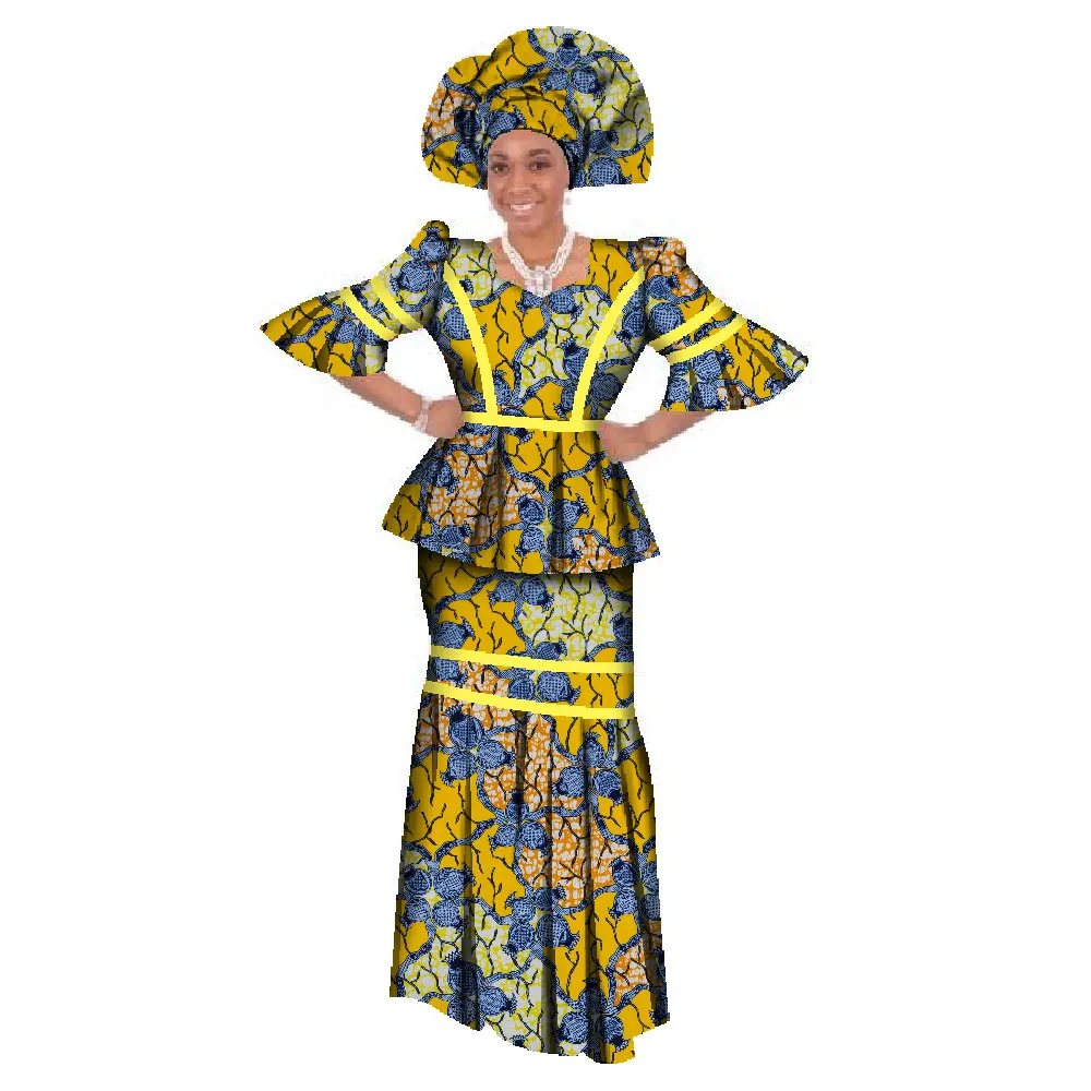 African Designed Skirt Set Traditional Print Clothing Plus Size Suit with Headscarf Women Evening Dress WY135