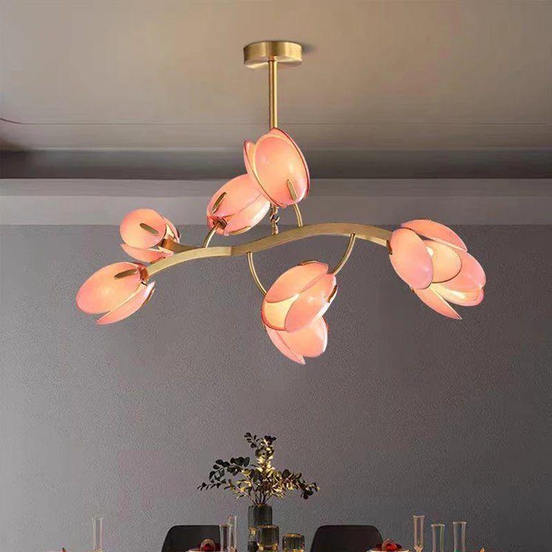 modern Full brass white/pink flower shaped LED glass chandeliers, lustre living room, dining room home ceiling lighting decor.